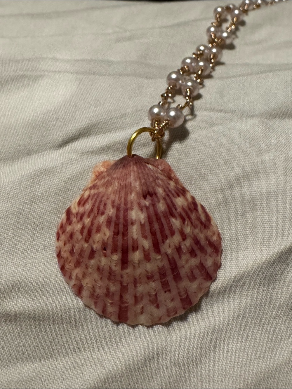 Gold Pearl Chain Necklace with Pink Shell Pendant - Picture 12 of 12